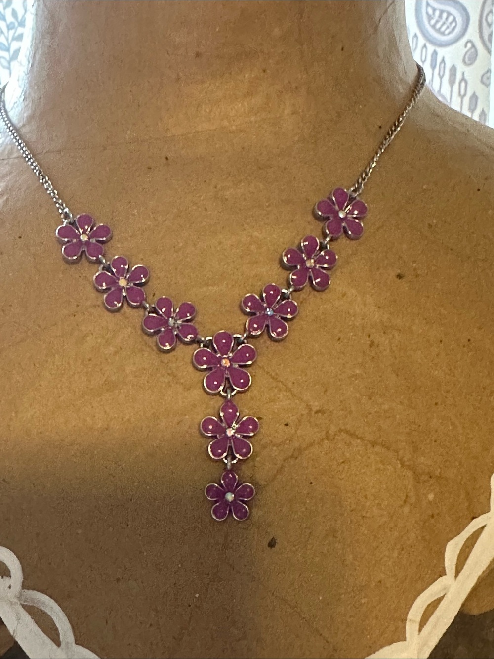 Pink Floral Y-Style Necklace with Enamel Flowers
